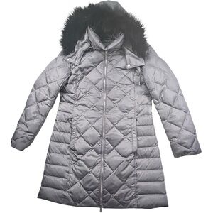 Kenneth Cole Reaction Women’s Gray Quilted Down Puffer Coat Faux Fur Hood Size M